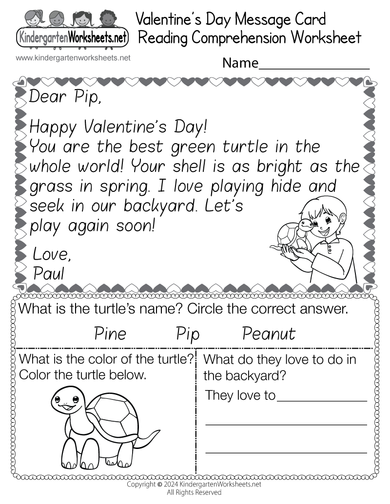 Valentine'S Day Reading Comprehension Worksheet - Free Printable in Free Printable Reading Comprehension Worksheets For Kindergarten