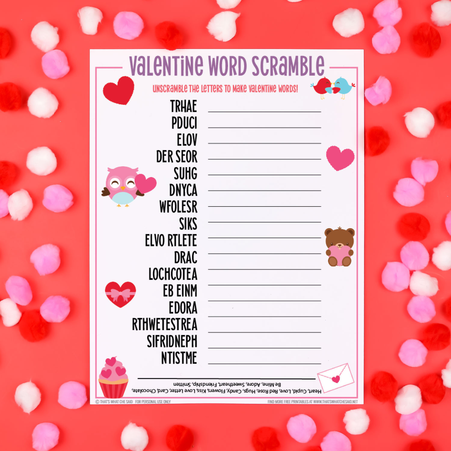 Valentines Day Word Scramble + 20 Free Valentine Printables inside Free Printable Valentine Word Games