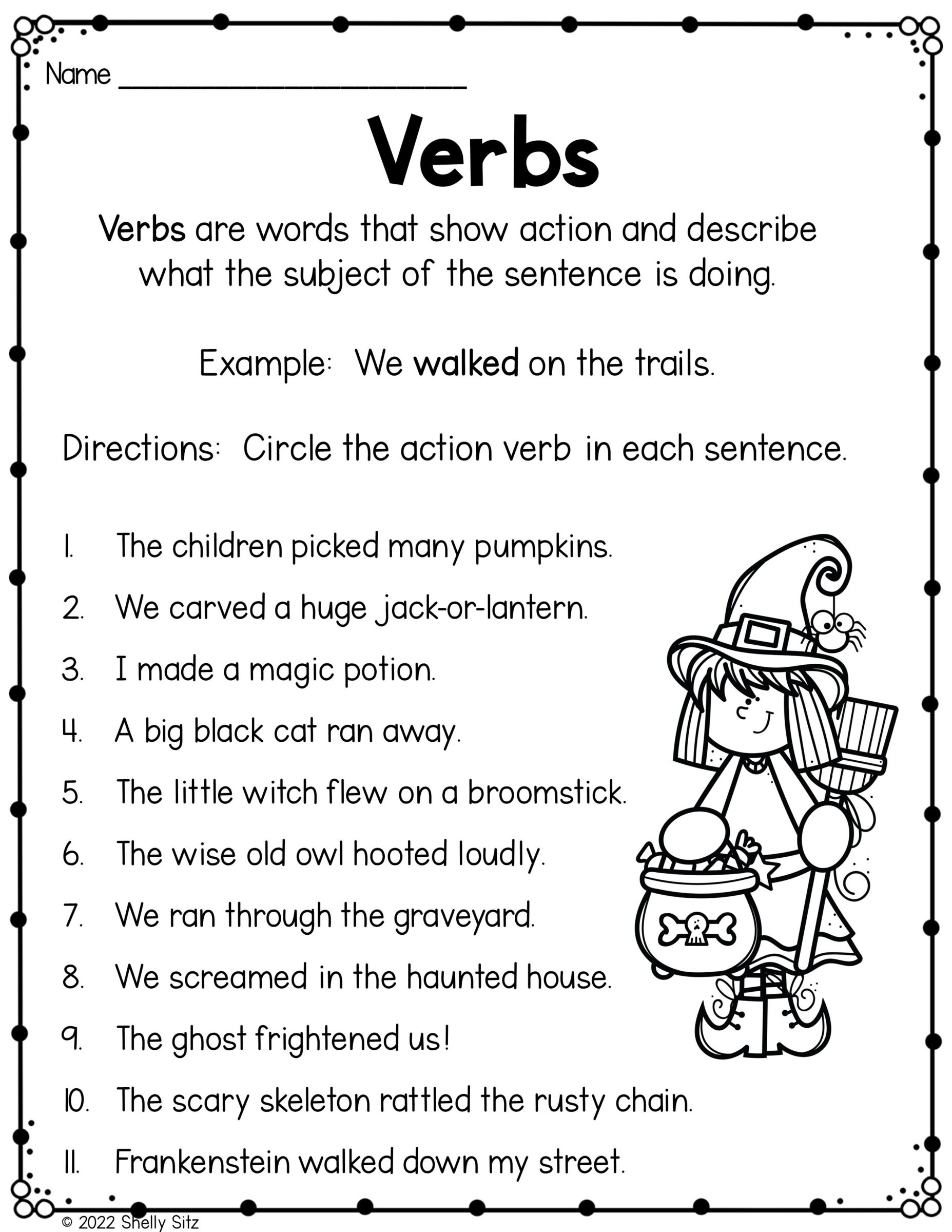 Verbs Worksheet Using Halloween Sentences - Smiling And Shining In inside Free Printable Verb Worksheets