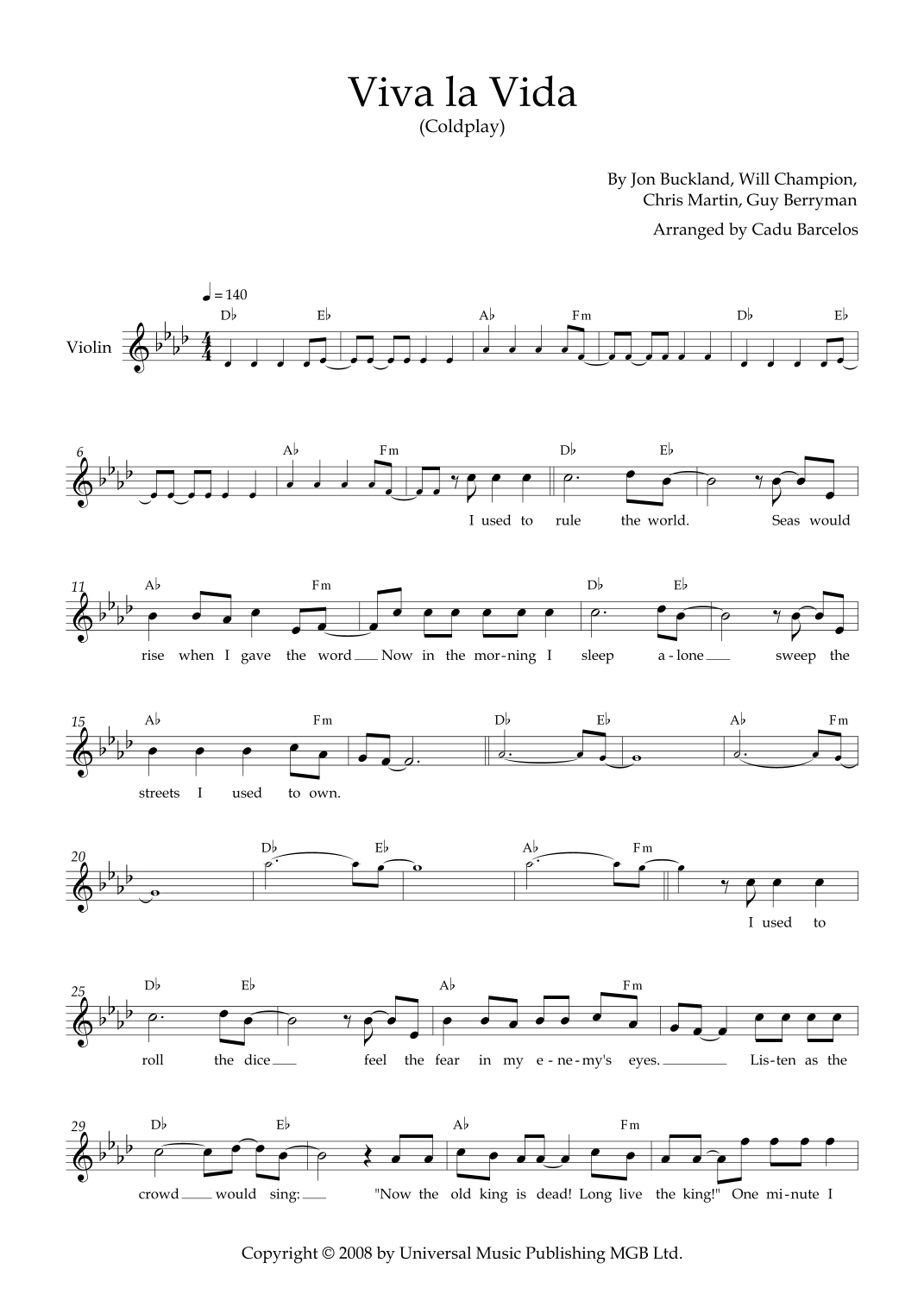 Viva La Vida (Arr. Cadu Barcelos)Coldplay Sheet Music For with regard to Free Printable Violin Sheet Music For Viva La Vida