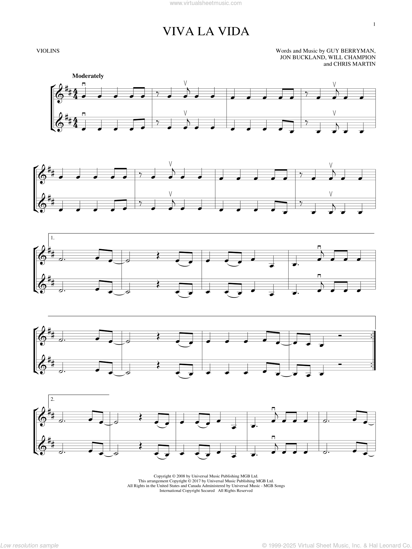 Viva La Vida Sheet Music For Two Violins (Duets, Violin Duets) within Free Printable Violin Sheet Music For Viva La Vida