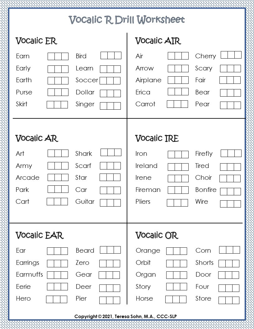 Vocalic /R/ Articulation Worksheets - Worksheets Library for Free Printable Vocalic R Worksheets
