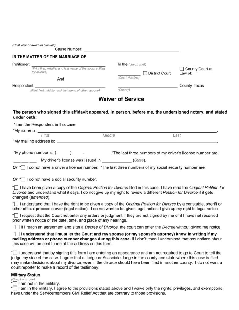 Waiver Of Service (Texas) - Download Pdf Form with Free Printable Divorce Forms Texas