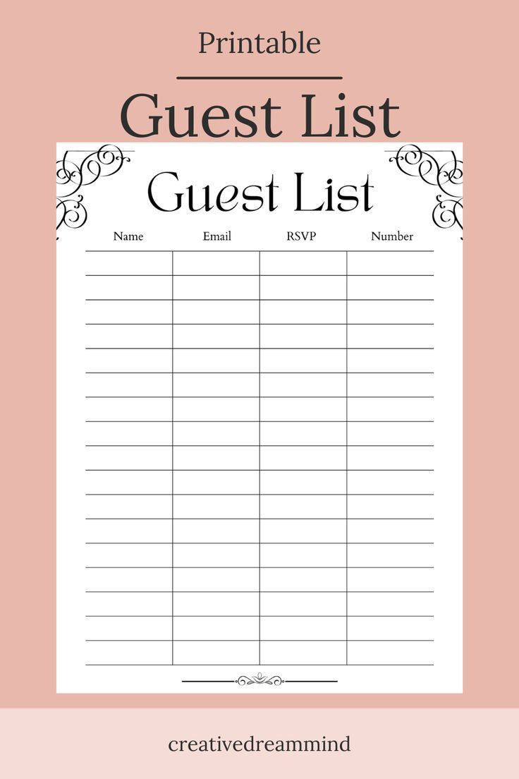Wedding Guest List, Bridal Shower, Guest Book List, Printable pertaining to Free Printable Wedding Party List