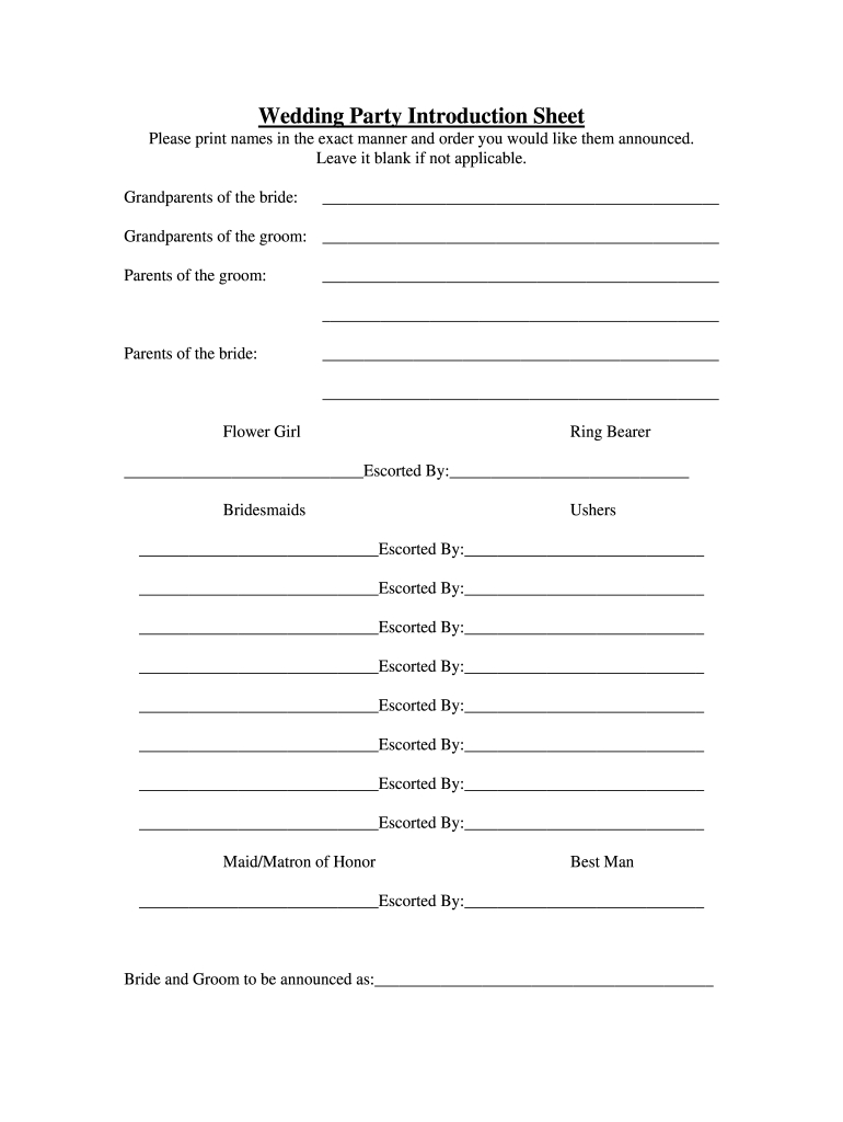 Wedding Party Introduction Sheet Form - Fill Online, Printable regarding Free Printable Wedding Party List