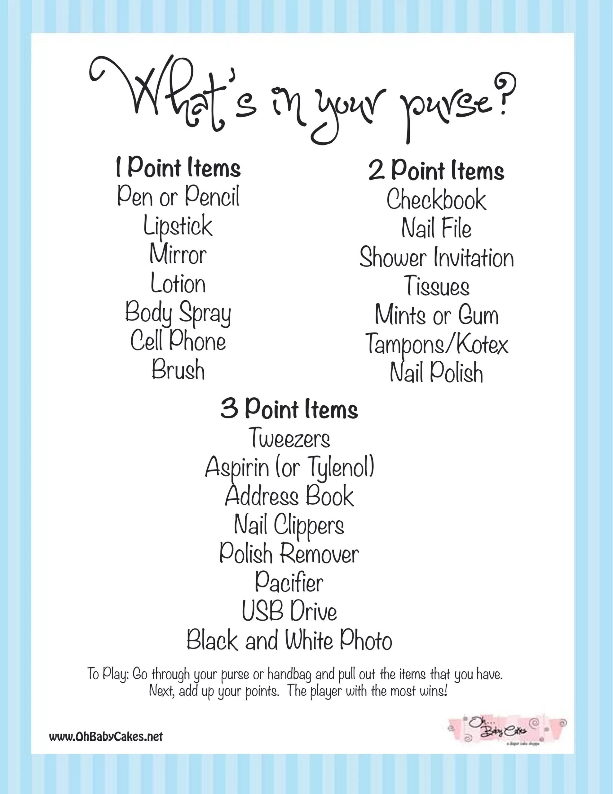 What&amp;#039;S In Your Purse Baby Shower Game (Blue) | Pdf inside Free Printable Baby Shower Game What&amp;amp;#039;s In Your Purse