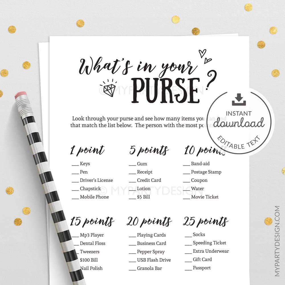 What&amp;#039;S In Your Purse Game, Printable Card - My Party Design throughout Free Printable Bridal Shower Games What&amp;#039;S In Your Purse