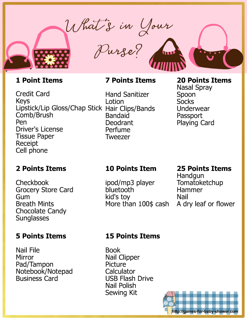 Whats In Your Purse with regard to Free Printable Baby Shower Games What&amp;amp;#039;s In Your Purse