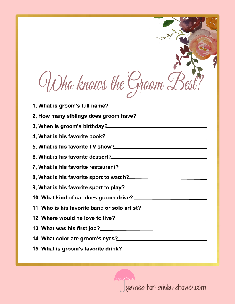 Who Knows The Groom Best? Free Printable Bridal Shower Game throughout How Well Does The Bride Know The Groom Free Printable