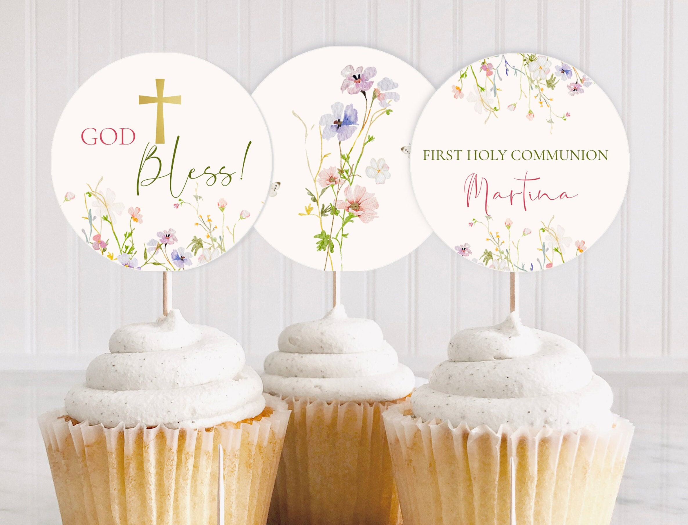 Wildflower First Communion Cupcake Toppers, Editable Floral Holy for Free Printable First Communion Cupcake Toppers