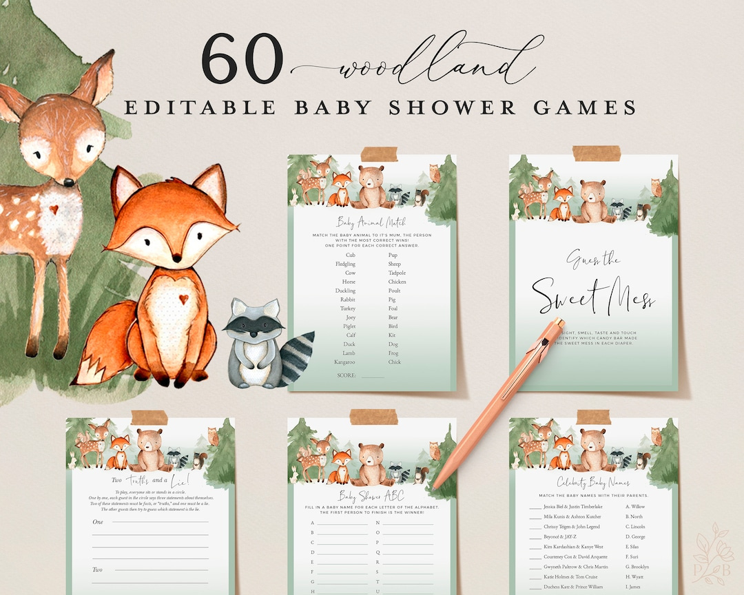 Woodland Editable Baby Shower Games, Printable Animal Baby Shower Games,  Baby Party Games Bundle, Virtual Games, Bear Fox Squirrel Raccoon - Etsy.de with Woodland Baby Shower Games Free Printables