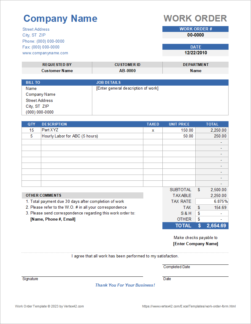 Work Order Form Template For Excel pertaining to Free Printable Work Order Template